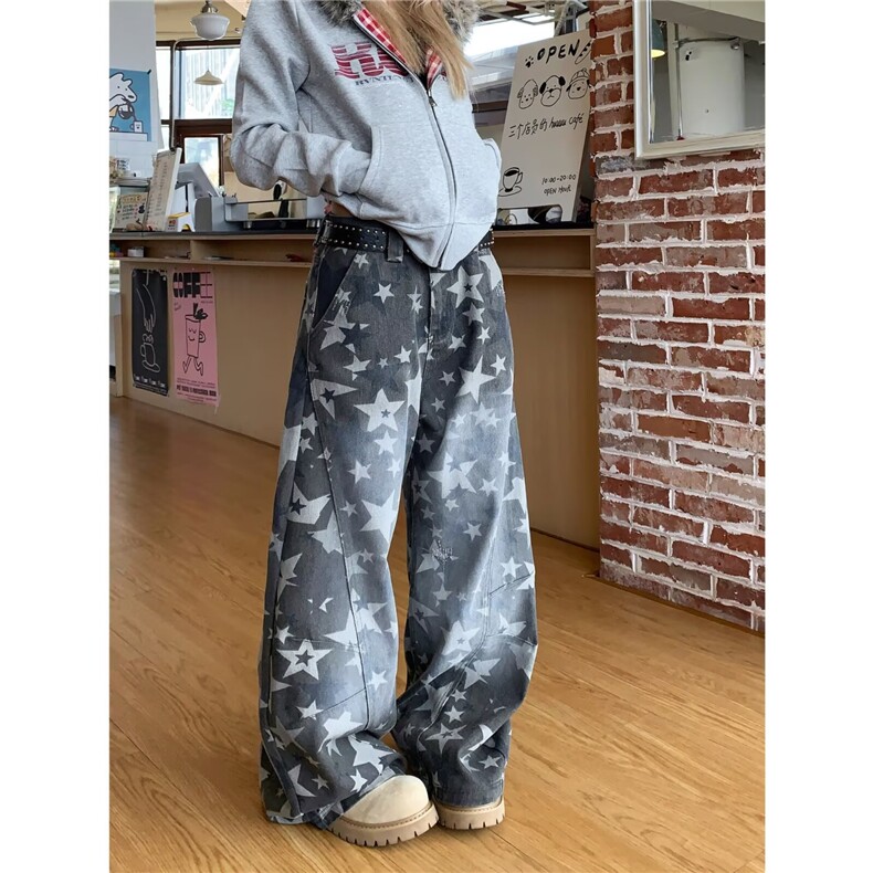 美式水洗星星印花解构弯刀牛仔裤宽松显瘦阔腿拖地裤子NZ1636,男装牛仔裤,星座516A