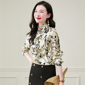 荷叶边立领真丝衬衫女长袖重磅真丝上衣衬衣春装妈妈装气质小衫图片