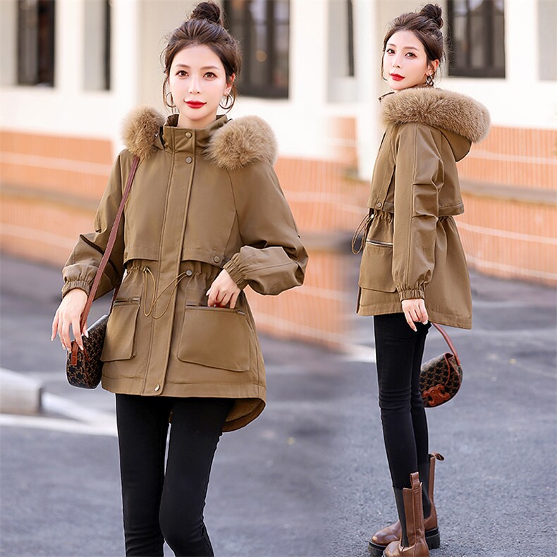 2023新款冬装派克服加绒加厚毛毛外套韩版显瘦大码抽绳棉衣棉服女，女装派克服，奕薇雅