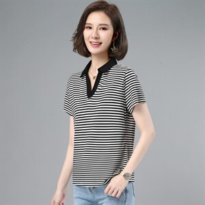 刺绣polo衫短袖t恤女士夏季2026年新款大码宽松翻领条纹半袖上衣图片