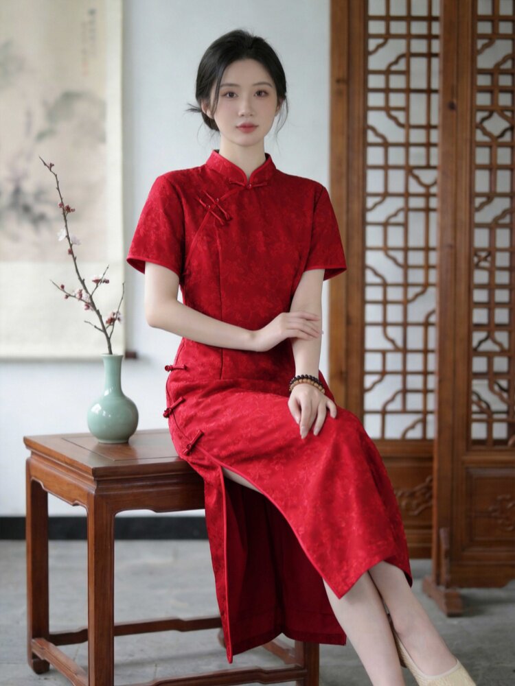 2026年夏季气质时尚修身显瘦民族风旗袍中长裙,女装汉服/婚纱/旗袍/礼服,媚琳依坊