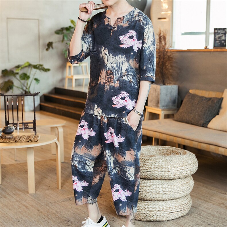 WY1P75咖啡厅2024春夏新款风亚麻潮流时尚宽松休闲印花套装,男装休闲套装,电商A026