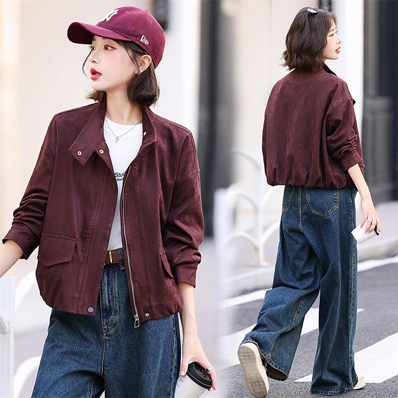 欧货百搭外套女短款2025年春季新款拉链麂皮绒蝙蝠袖显高立领上衣图片