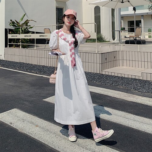 韩版拼接法式甜美时尚女装2023新款夏季女棉布连衣裙配针织披肩图片