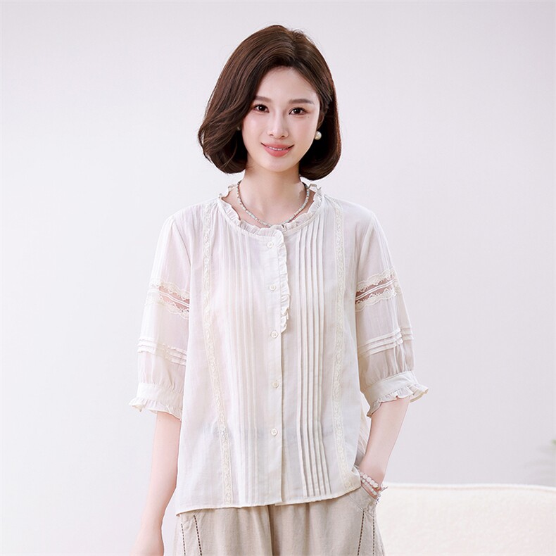 优雅蕾丝拼接宽松显瘦短袖衬衫女夏季新款甜美百搭上衣,女装衬衫,叶笙衣