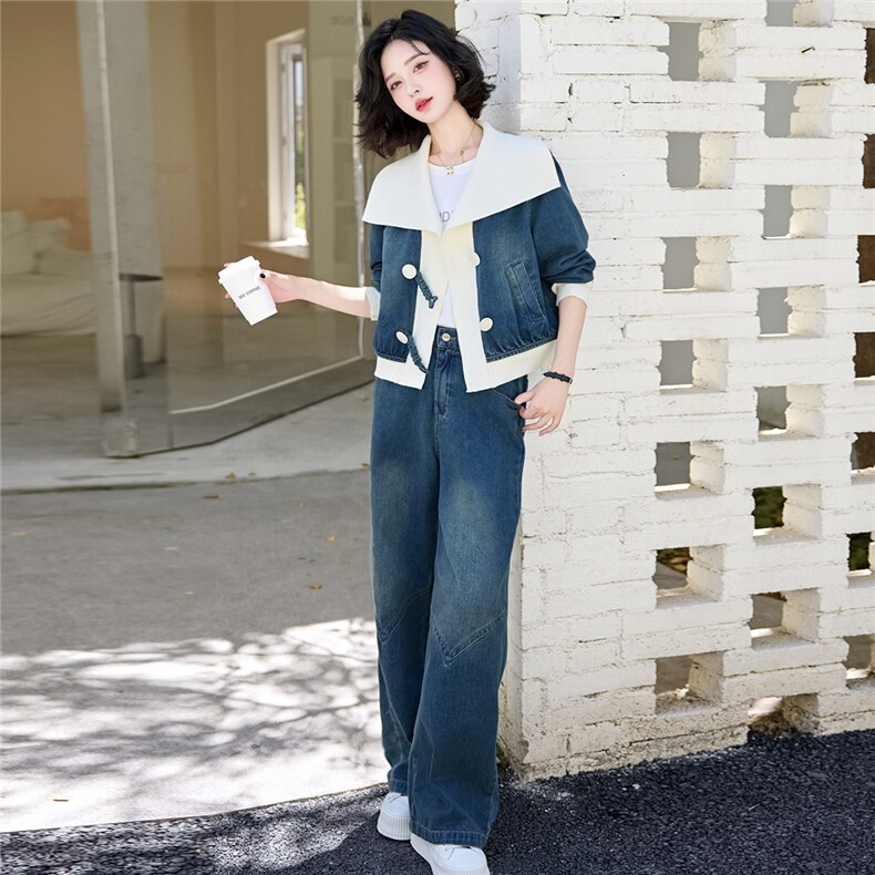 出口法国高端精品2024秋季港风海军领牛仔减龄短外套+直筒裤套装，女装套装/套裙，欣品汇