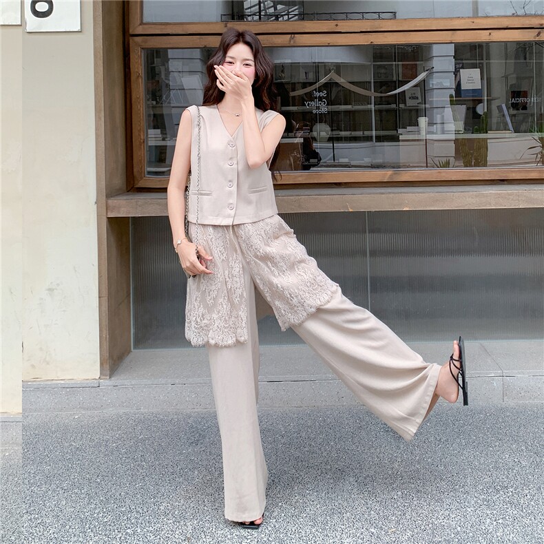 韩系松弛感蕾丝拼接马甲套装女2026夏季新款休闲阔腿裤两件套，女装套装/套裙，流量+