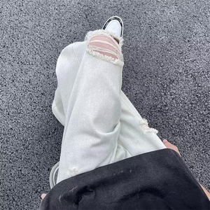 超火的裤子高街水洗直筒破洞个性老爹拖地阔腿牛仔裤男女图片