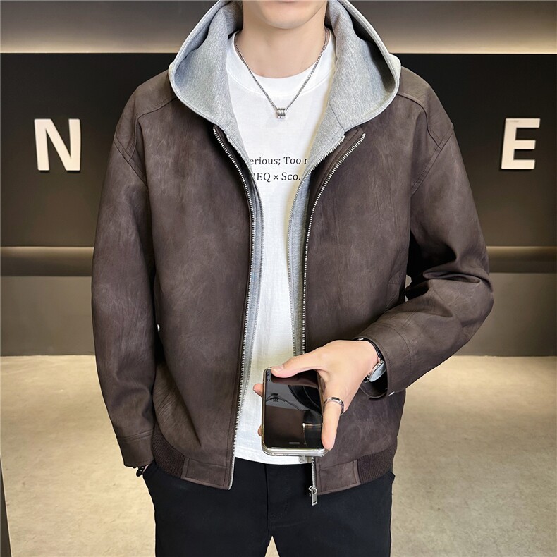 假两件连帽男装皮衣外套春季夹克C317-1188-P185，男装夹克，电商C317