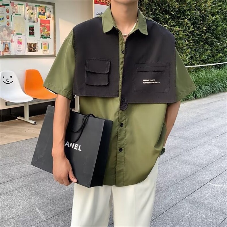 设计感拼接短袖衬衫男夏季日系Cityboy宽松休闲翻领工装衬衣外套,男装衬衫,星座1013