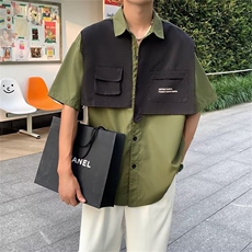 设计感拼接短袖衬衫男夏季日系Cityboy宽松休闲翻领工装衬衣外套，男装衬衫，星座1013