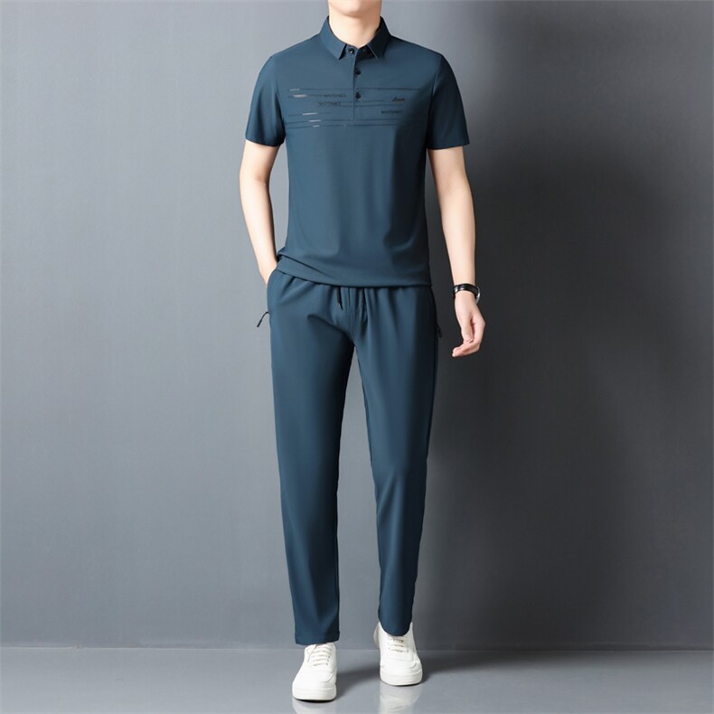 夏季男士短袖长裤套装POLO衫凉感透气翻领简约爸爸休闲冰丝套装图片
