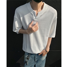 主推慵懒风肌理感小v领短袖T恤提花宽松情侣上衣H1069特P28，男装T恤，电商A341