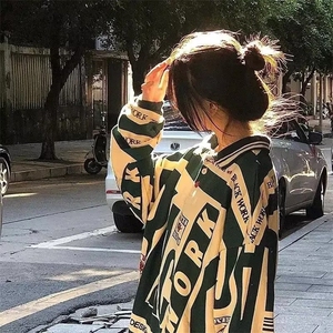 美式复古拼色宽松polo衫长袖男翻领潮牌hiphop高街t恤长袖潮图片