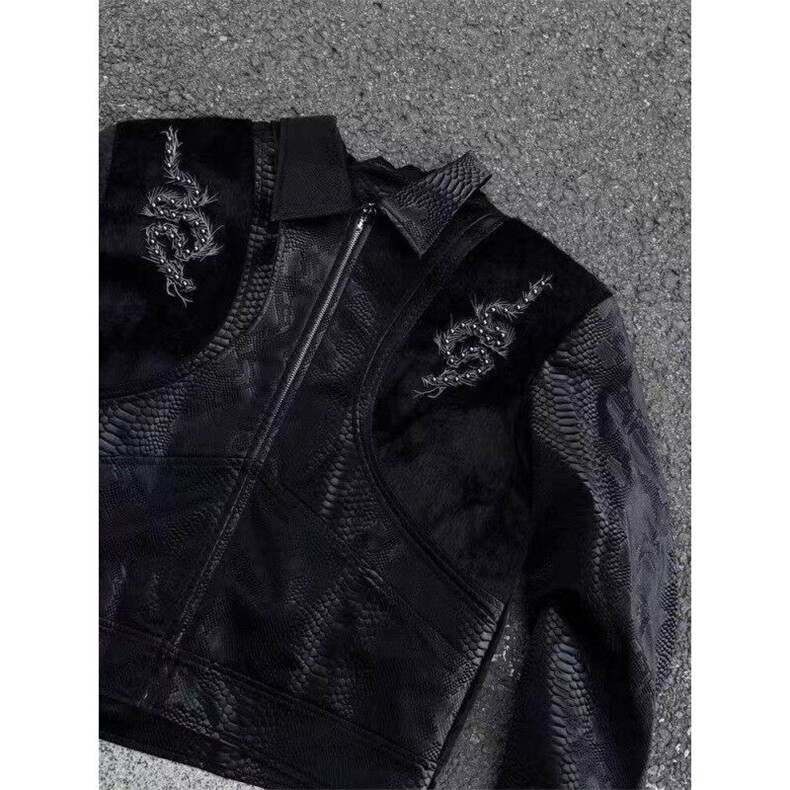 网图蛇纹拼接高街刺绣钉珠PU皮夹克男JK068/P140,男装夹克,星座205-3