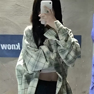 格子衬衫女春春秋韩系设计感小众长袖衬衣美式复古宽松薄外套,白斑马日系穿搭图片