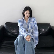 春夏慵懒感蓝白格子衬衫外套女宽松清爽感衬衣长袖潮，女装衬衫，星座506A