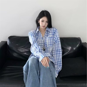 春夏慵懒感蓝白格子衬衫外套女宽松清爽感衬衣长袖潮图片
