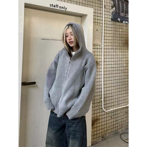 美式复古纯色针织拉链毛衣开衫男秋冬新款慵懒风连帽外套XM08P85图片