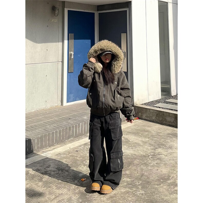 现货重磅boxy短款棉衣座山雕大毛毛领男女棉服水洗工装厚外套图片