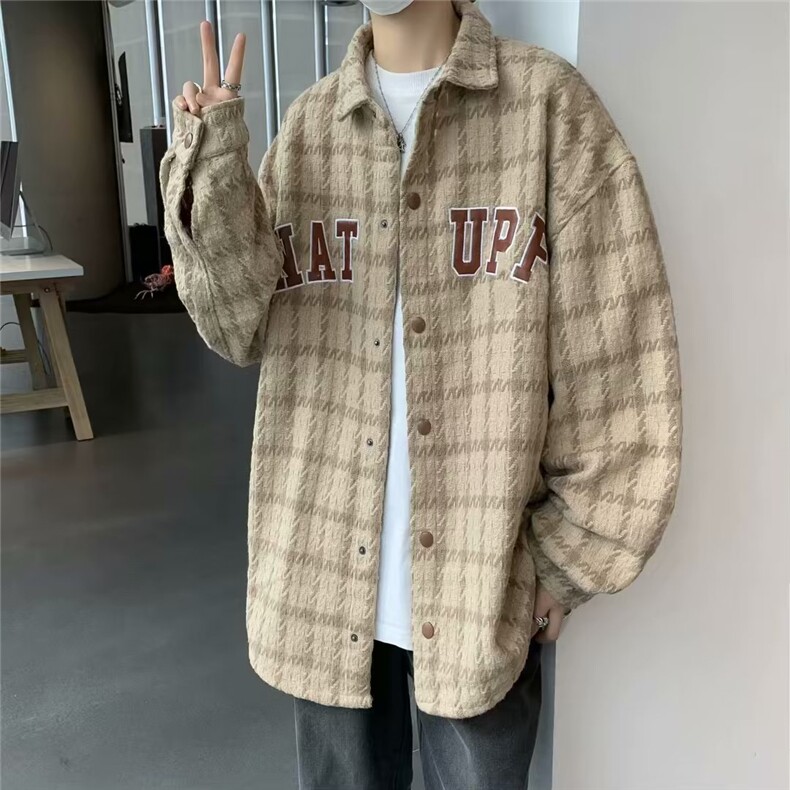 小香风格子衬衫男秋季港风复古宽松痞帅外套X119P58,男装夹克,星座1116-2