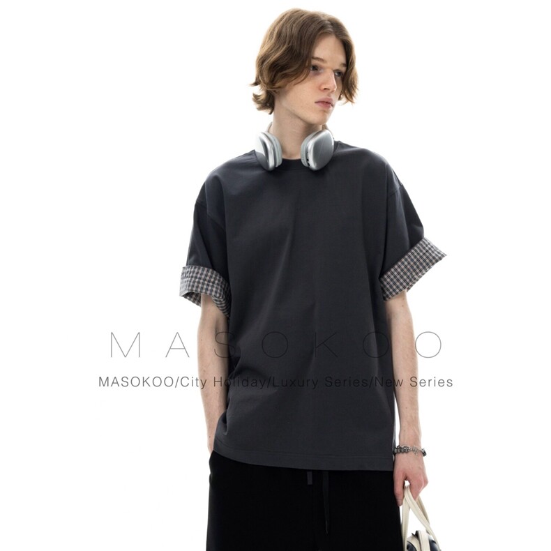 夏季纯棉撞色格子翻边设计短袖tee男女同款文艺时尚休闲T恤 TX01图片