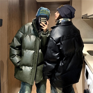 中性冬装 美式立领情侣宽松棉服加厚pu皮棉衣外套男女H912 P128图片