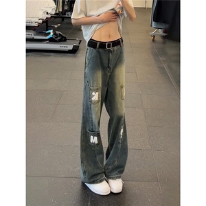 复古阔腿弯刀牛仔裤男女宽松百搭多口袋刺绣廓形长裤AM020P50,牛仔长裙和白色半身裙怎么搭配图片