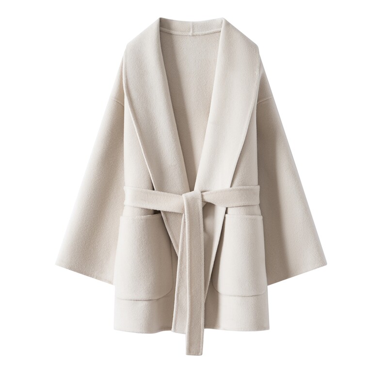 2025年秋季新款百搭女士POLO领系带短款长袖大衣，女装双面呢大衣，织美生