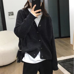 秋冬V领100纯羊毛针织开衫女宽松百搭加厚毛衣外套显瘦羊绒衫外搭图片
