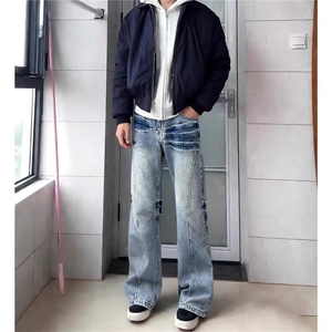牛仔裤男女网红潮牌高街美式乞丐破洞补丁刮烂潮流修身小脚长裤图片