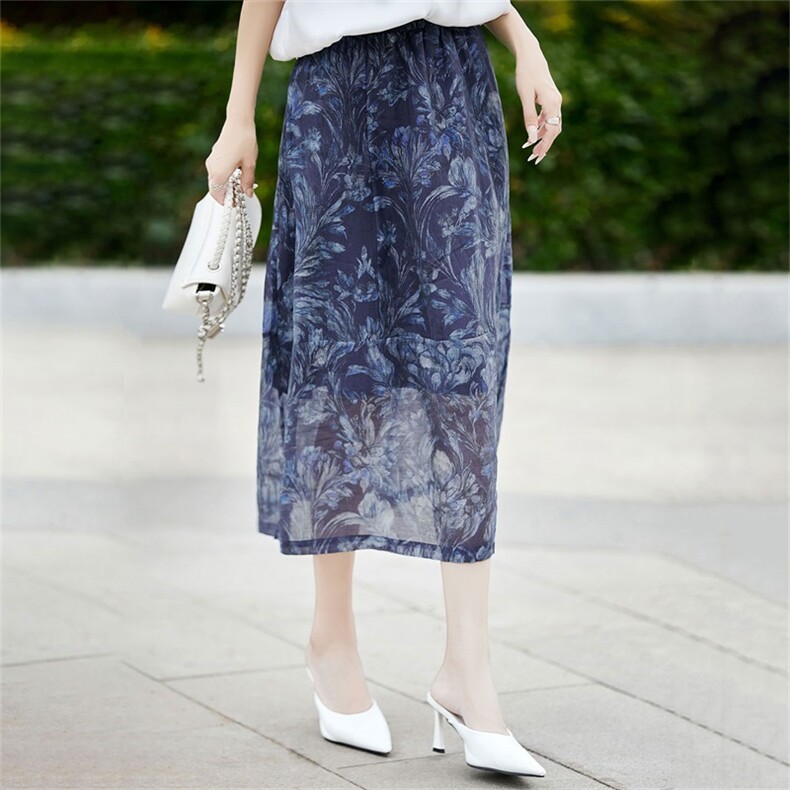 25春夏超薄天丝亚麻印花半身裙女高腰显瘦中长款A字裙宽松花苞裙，女装半身裙，臻维羊绒