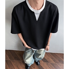 抖音夏季美式半袖港风大码v领假两件短袖情侣T恤男TX005-P25，男装T恤，电商C213(原B265)
