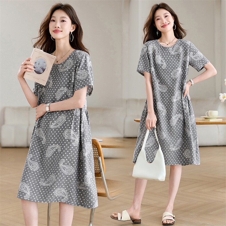 休闲短袖连衣裙女夏装年中年妈妈遮肚子宽松复古波点裙子，女装连衣裙，鑫鑫格