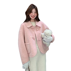 【现货】新款粉牛角扣针织拼接双面羊绒大衣99025款P225K328，女装毛呢外套，2C316