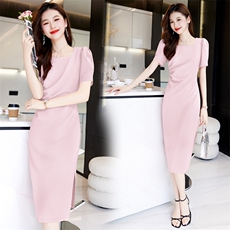 方领开叉短袖连衣裙女2025年夏季新款时尚百搭通勤中长裙，女装连衣裙，火爆靓佳人