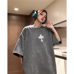 夏季新款抖音直播品质麂皮绒美式印花短袖djp323-特批23控39图片