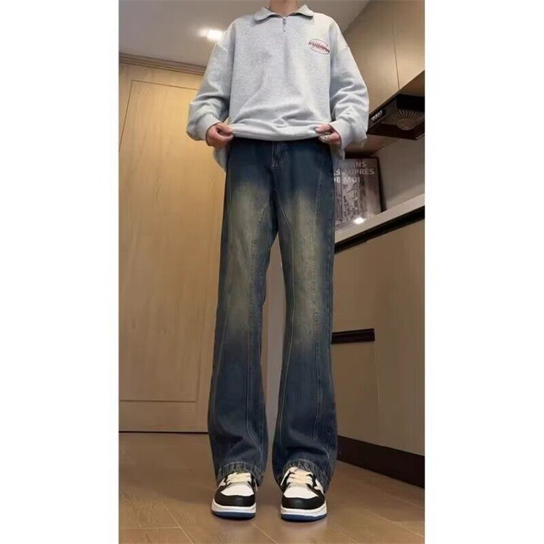 拼接复古牛仔裤男美式痞帅高级感加长高个子弯刀微喇裤L8044-P48,男装牛仔裤,星座1008
