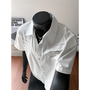 新款！夏季新款小众简约解构压褶设计感短袖衬衫男夏季美式 TN04图片