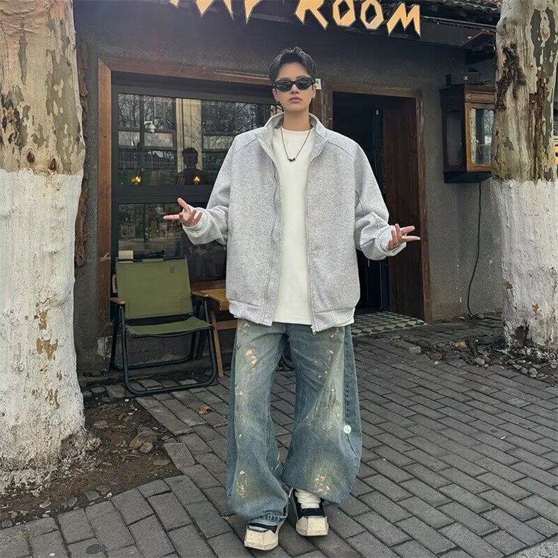 夹克男女韩版潮流宽松帅文艺浅灰色2026春季ins外套卫衣W6483-P73,男装夹克,星座412-2