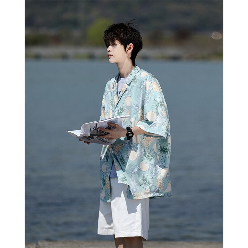 8XL-M 冰丝凉感衬衣垂感透气复古花纹宽松男五分袖短袖衬衫CS526图片