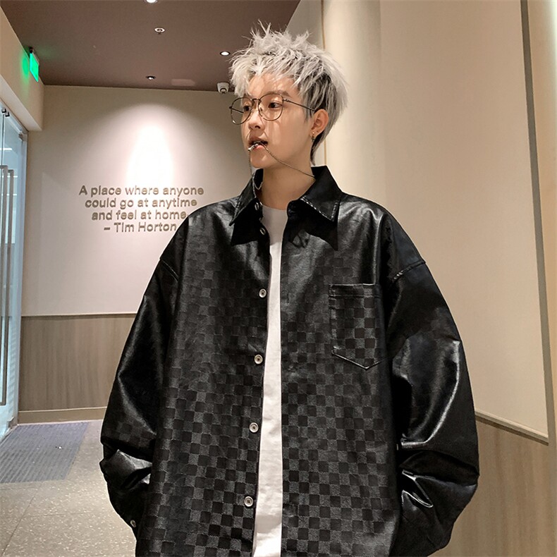新款韩系潮流棋盘格皮衣休闲衬衣复古外套PC304-P75-控118,男装衬衫,星座310A-3