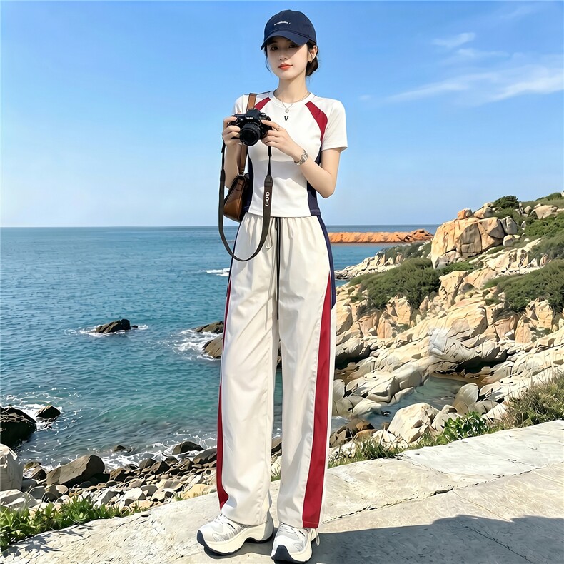 潮流时尚休闲运动套装女夏季新款显瘦竖纹圆领短袖上衣长裤两件套,女装套装/套裙,江南