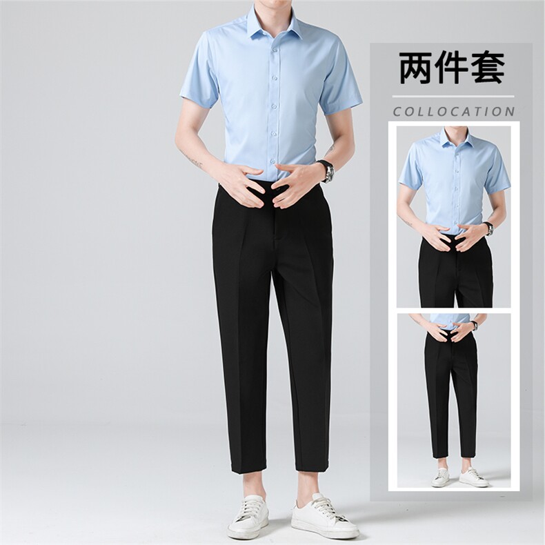 冰丝套装夏季九分西裤男长裤修身韩版港风休闲裤短袖衬衫两件套潮图片