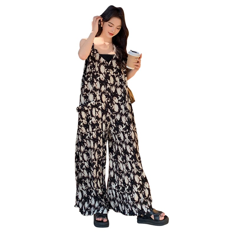 大码法式碎花背带裤女2024胖mm夏季浪漫海边度假垂附感阔腿连体裤,女装连体裤,浙宝276（原081）
