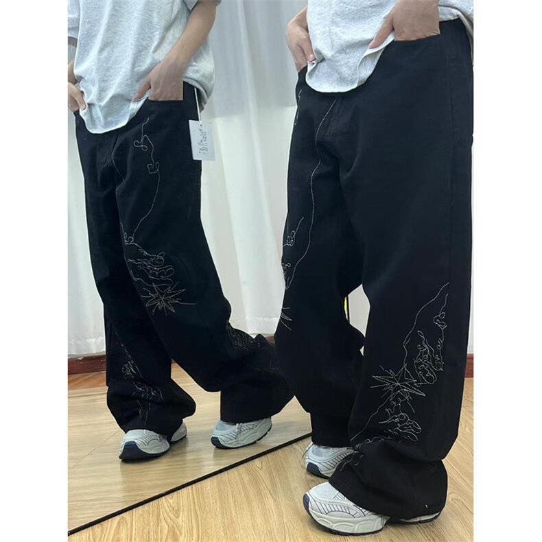 设计感小众手绘图案刺绣牛仔裤男复古渐变宽松直筒阔腿裤NU52,男装牛仔裤,星座1116A（原606A-3）