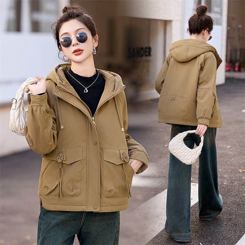 冬季加绒派克服棉衣女2025新款小个子短款连帽休闲工装棉衣外套,女装棉衣/棉服,涵亦佰惠