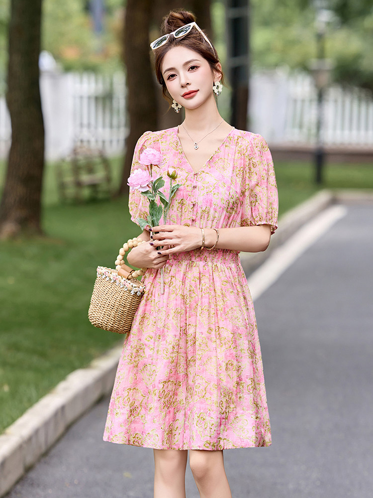 温柔甜美气质印花连衣裙女2025夏季时尚松紧收腰显瘦小个子A字裙,女装连衣裙,布芭啦
