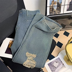 美式vibe复古破洞牛仔裤男女高街嘻哈宽松做旧长裤K6072-P40网图，女装牛仔裤，电商B245