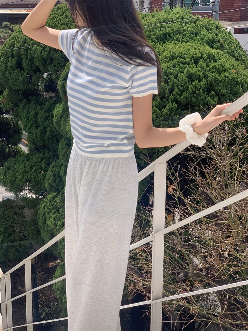 时尚气质条纹短袖针织衫简约百搭圆领套头毛衣通勤休闲显瘦上衣,针织衫/毛衣,佳弈羊绒